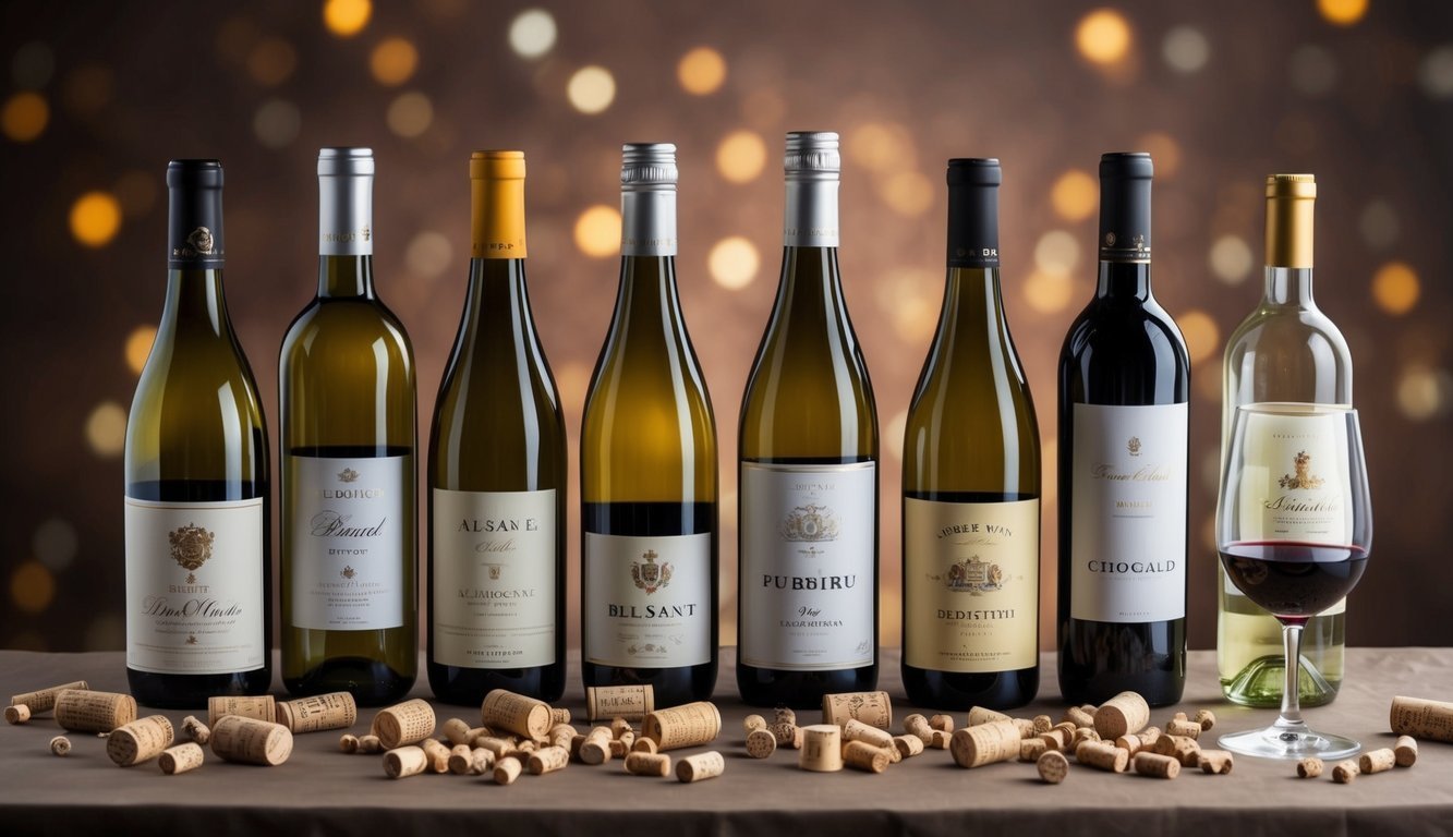 Assortment of wine bottles with corks scattered on a table, one glass