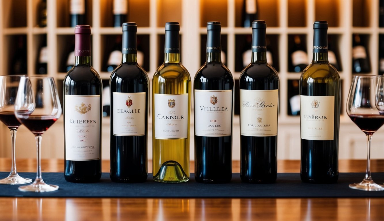 A table with 7 bottles of wine, each labeled with a different name, arranged in a row with elegant wine glasses next to them