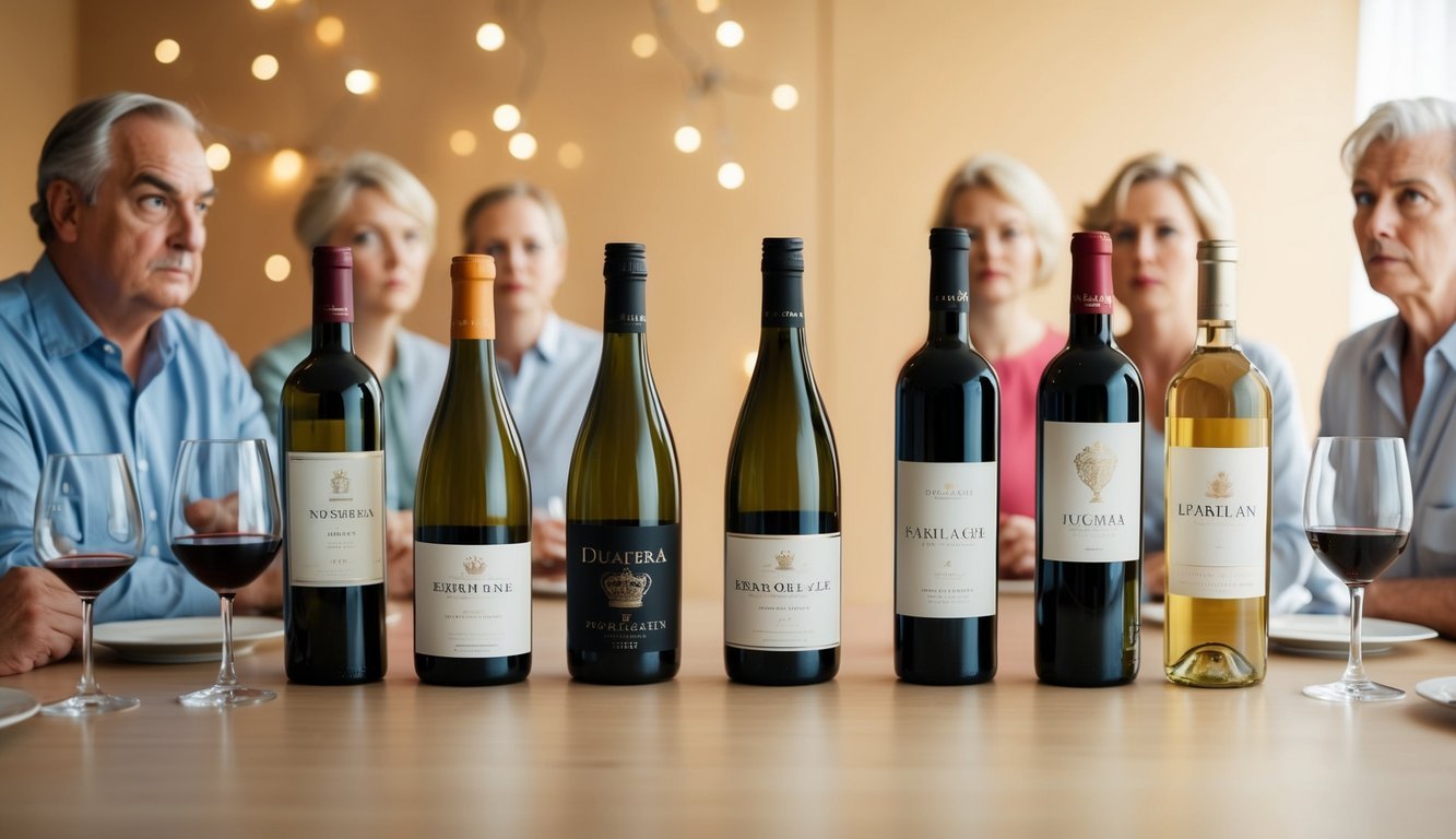 A table set with seven bottles of wine, each labeled with a different type, surrounded by disapproving in-laws with raised eyebrows