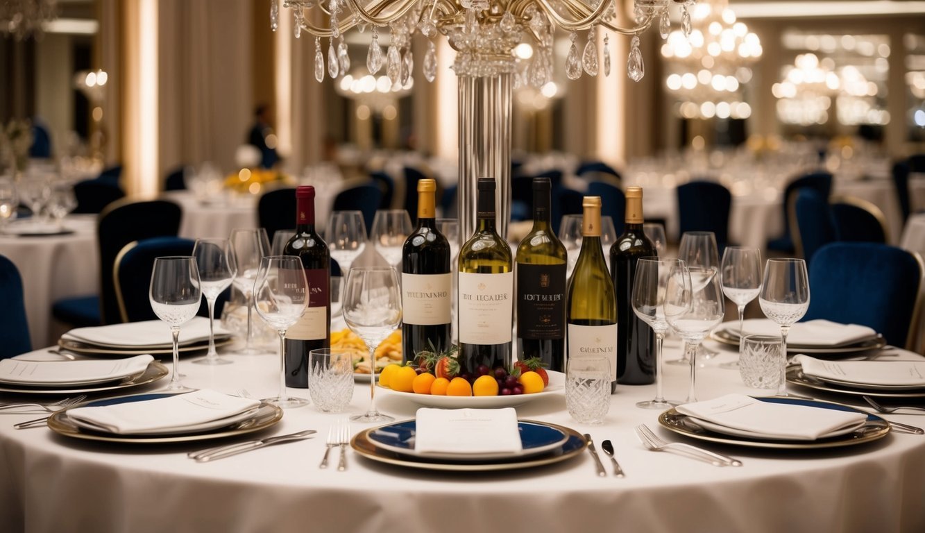 A lavish table set with fine glassware, elegant serving platters, and a variety of sophisticated wine bottles on display