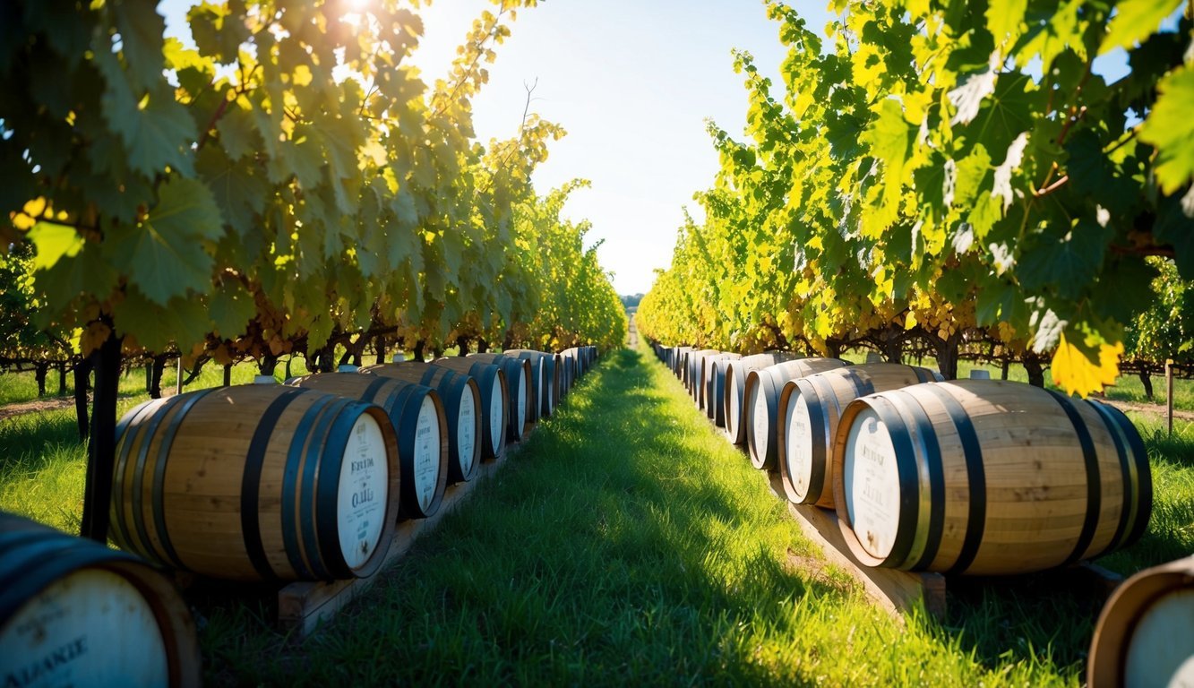 A vineyard with aging barrels, surrounded by lush grapevines under the warm sun