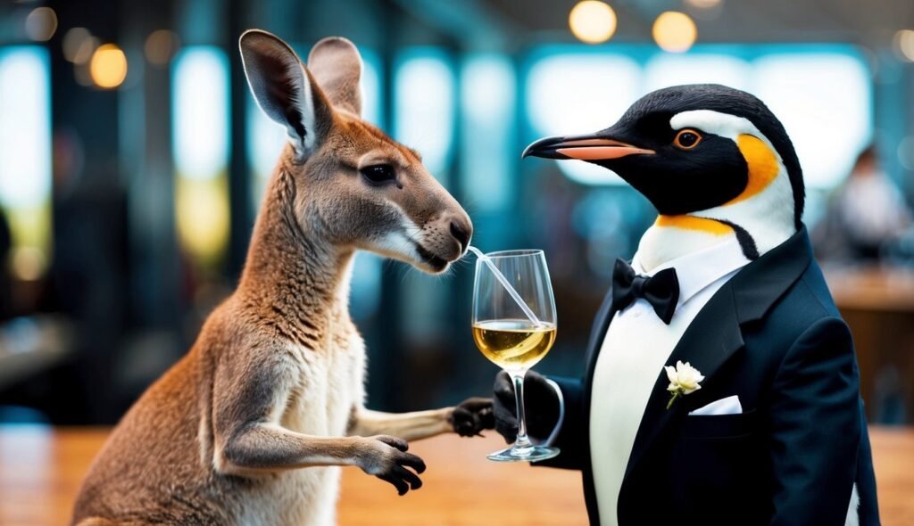 A kangaroo and penguin share a drink, penguin in a tuxedo
