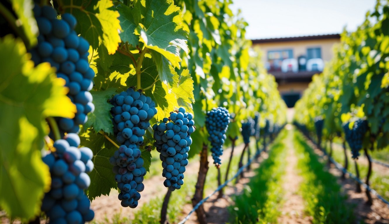 A lush vineyard with rows of grapevines, each bearing clusters of plump, ripe grapes.</p><p>In the background, a winery with bottles of wine, some with screw caps, on display