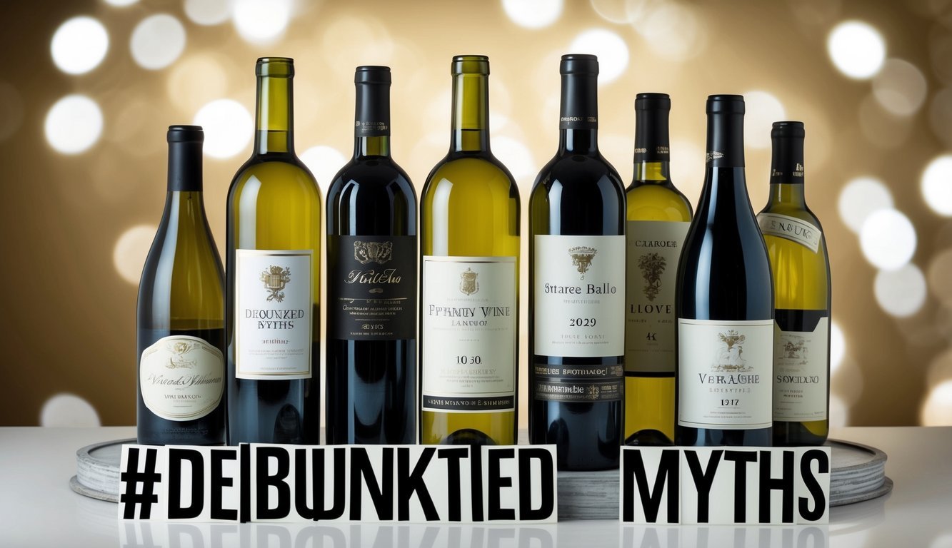 A collection of wine bottles with various labels and terminology, surrounded by debunked myths written in a bold font