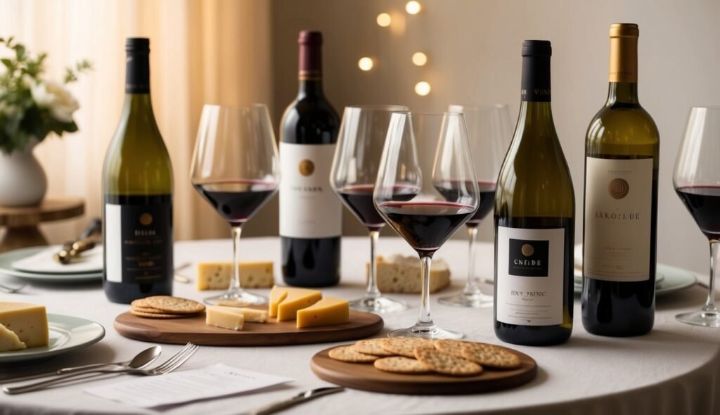 Wine bottles, glasses, cheese, and crackers arranged on a table