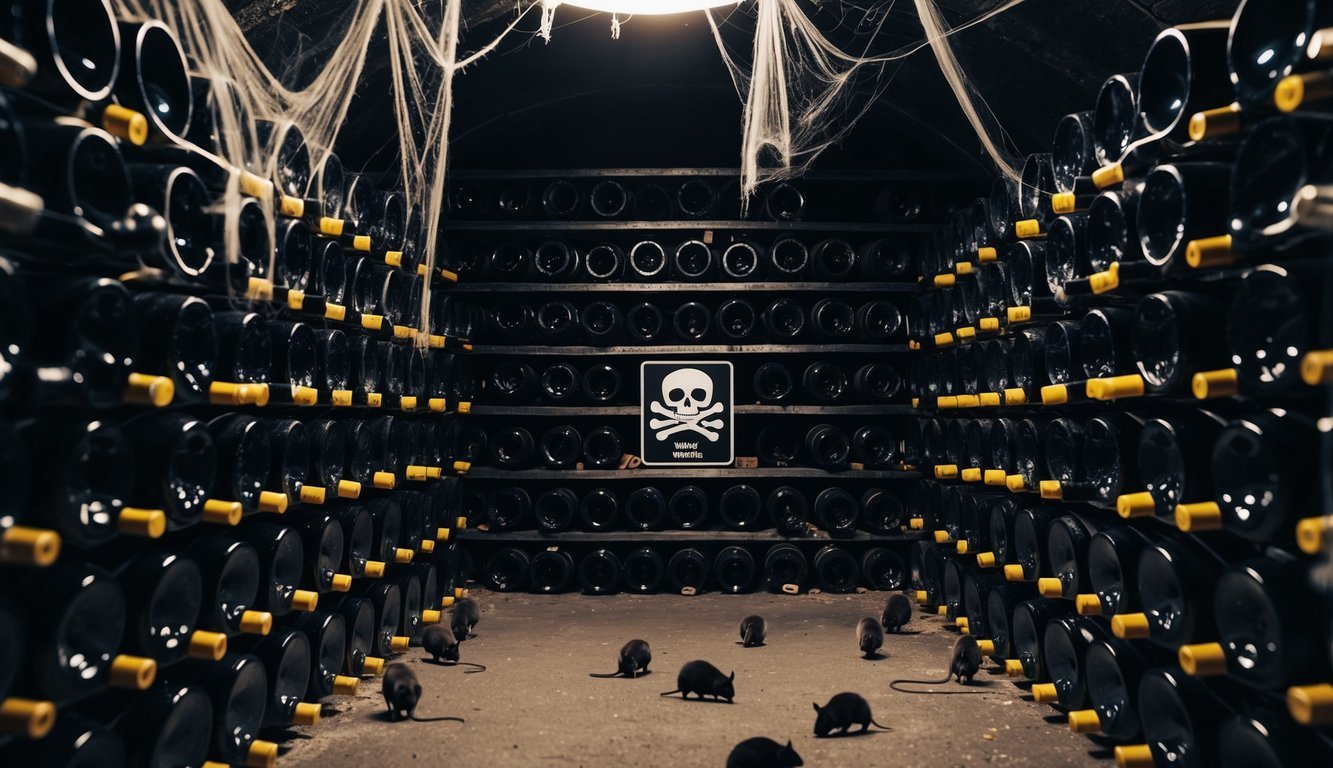 Wine cellar with bottles, cobwebs, skull sign, and rats on the floor