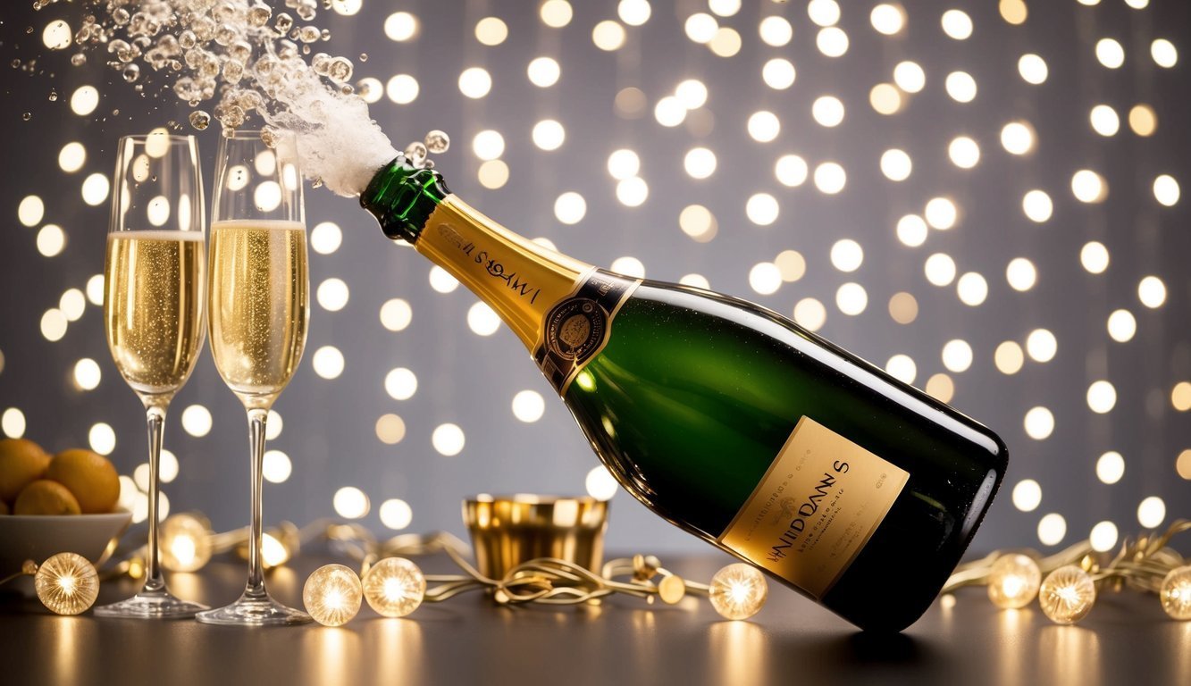 Champagne bottle popping with two filled glasses, festive lights in background