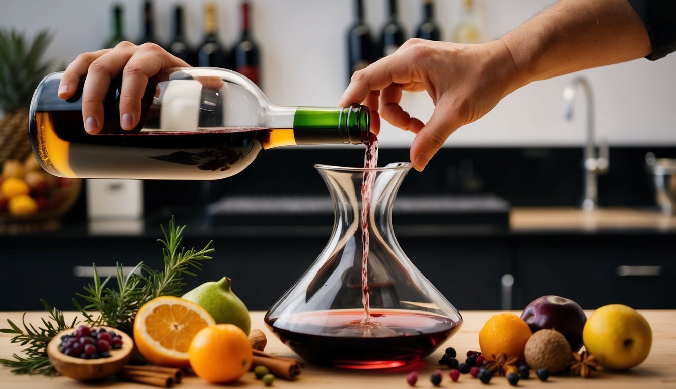 Person pouring red wine from a bottle into a decanter, fruit on table