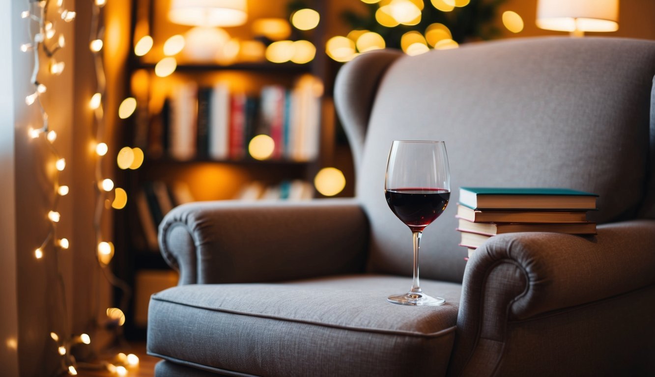 A cozy armchair with a glass of red wine and a stack of books, surrounded by soft lighting and a warm, inviting atmosphere