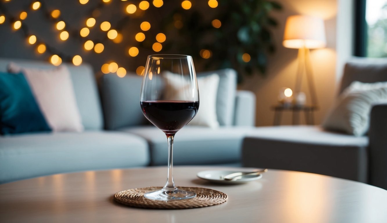 A glass of wine sits on a table, surrounded by a cozy setting with soft lighting and comfortable seating, creating a relaxing and stress-free atmosphere