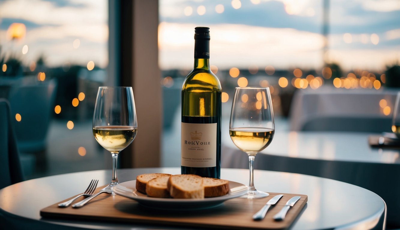 A table set with a bottle of wine, two glasses, and a plate of toast, with a tired but content atmosphere