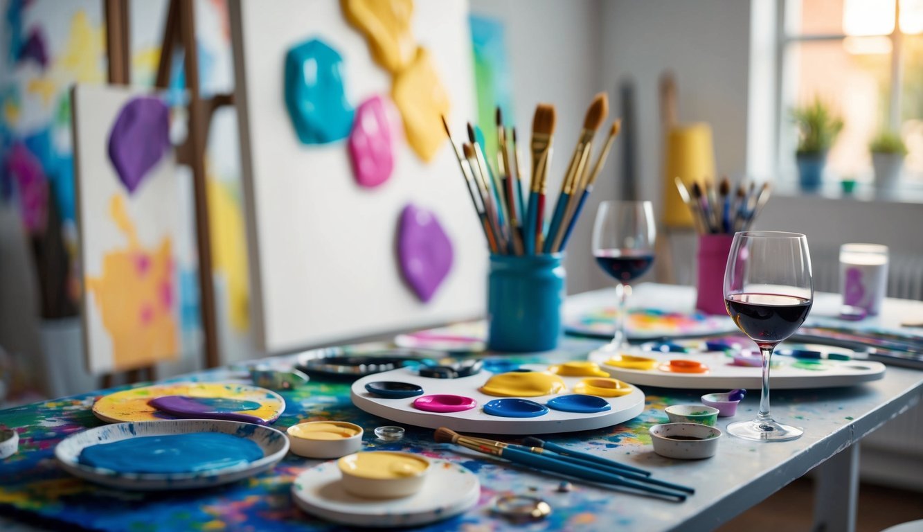 An artist's studio with colorful paint palettes, brushes, and canvases scattered around, with a glass of wine on the table