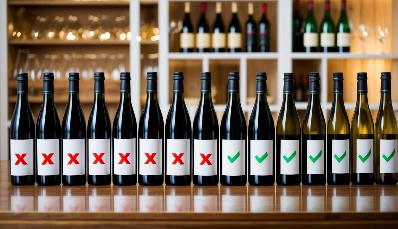 Wine bottles with red X's and green check marks on labels