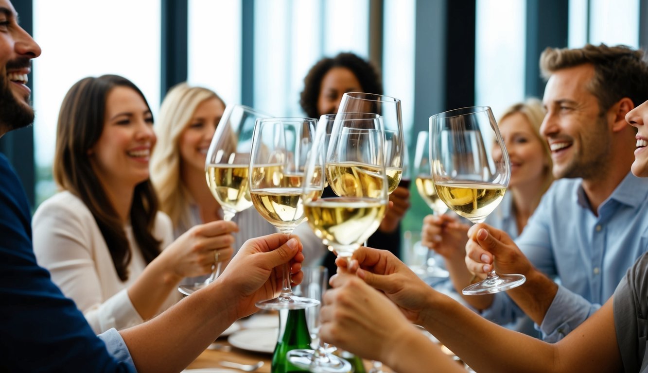 A group of wine glasses clinking together in a lively, social setting with people engaged in conversation and laughter