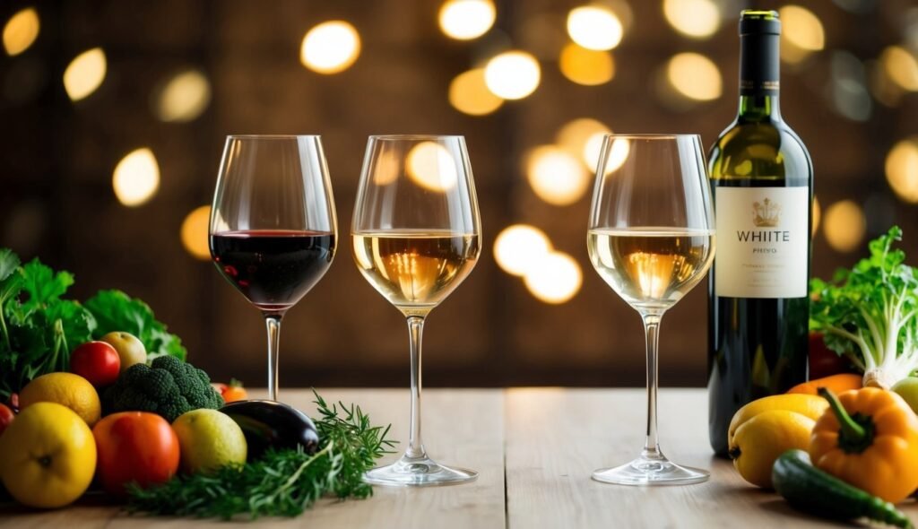 Three wine glasses with red and white wine, bottle, and vegetables