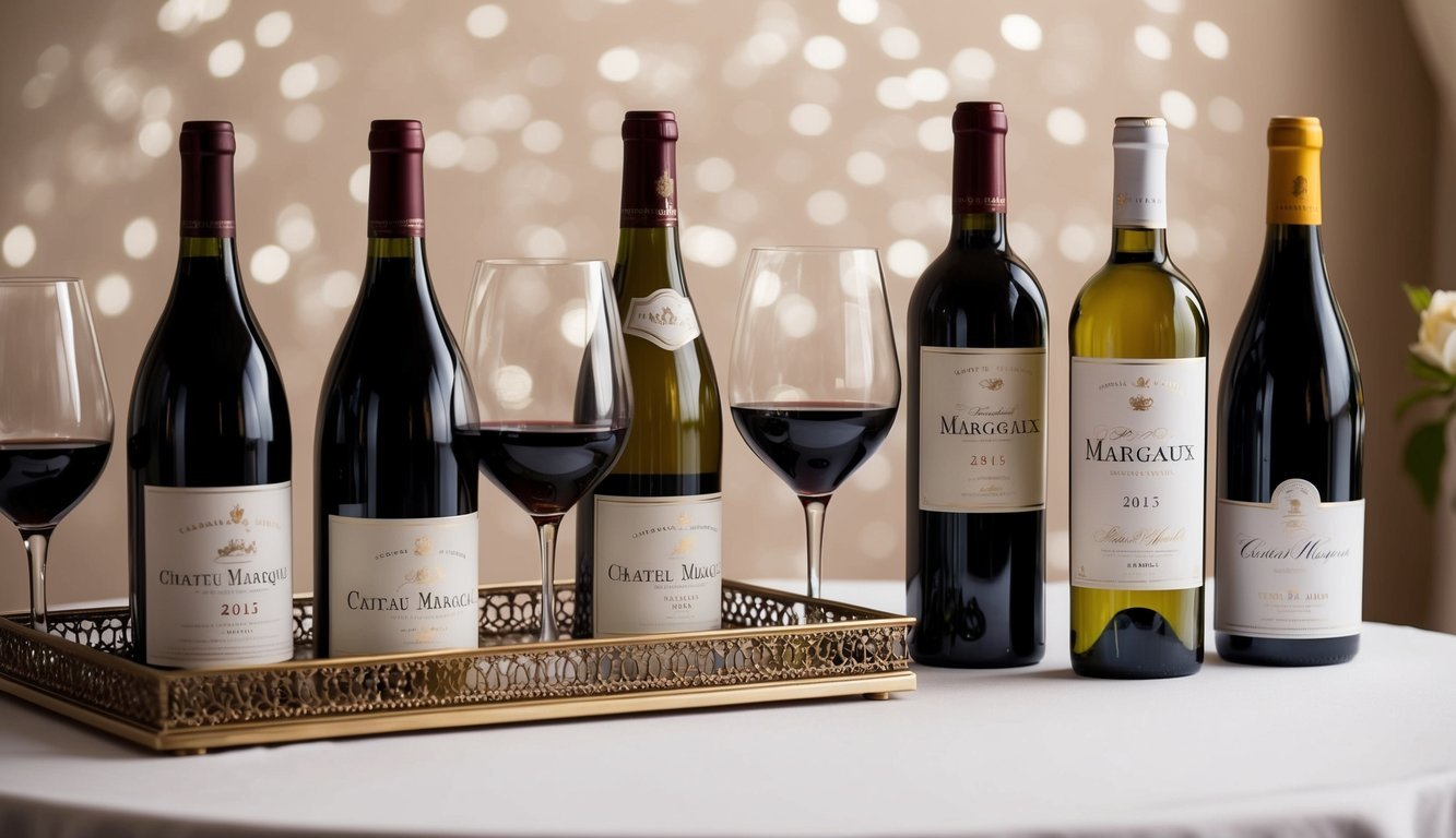 A romantic table setting with two wine glasses, a bottle of Château Margaux 2015, and a selection of six other elegant wine bottles arranged on a decorative tray