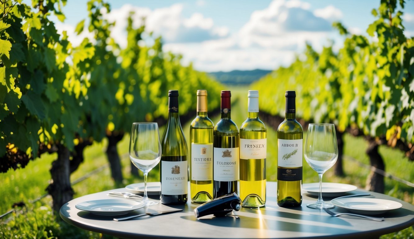 A table set with various wine bottles, glasses, and a wine opener, surrounded by lush green vineyards under a sunny sky