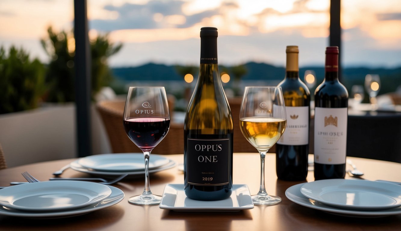 A romantic table setting with two wine glasses, a bottle of Opus One 2019, and a selection of six different wines arranged for a date night