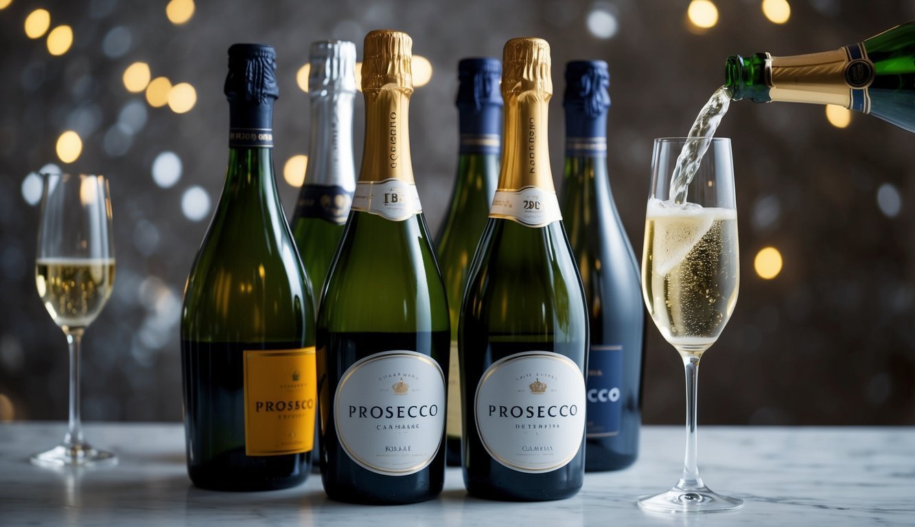 A bottle of Prosecco surrounded by other wine bottles, with a glass of Champagne being poured into a flute