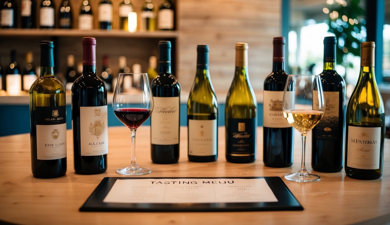 A table set with various wine bottles, a glass, and a tasting menu