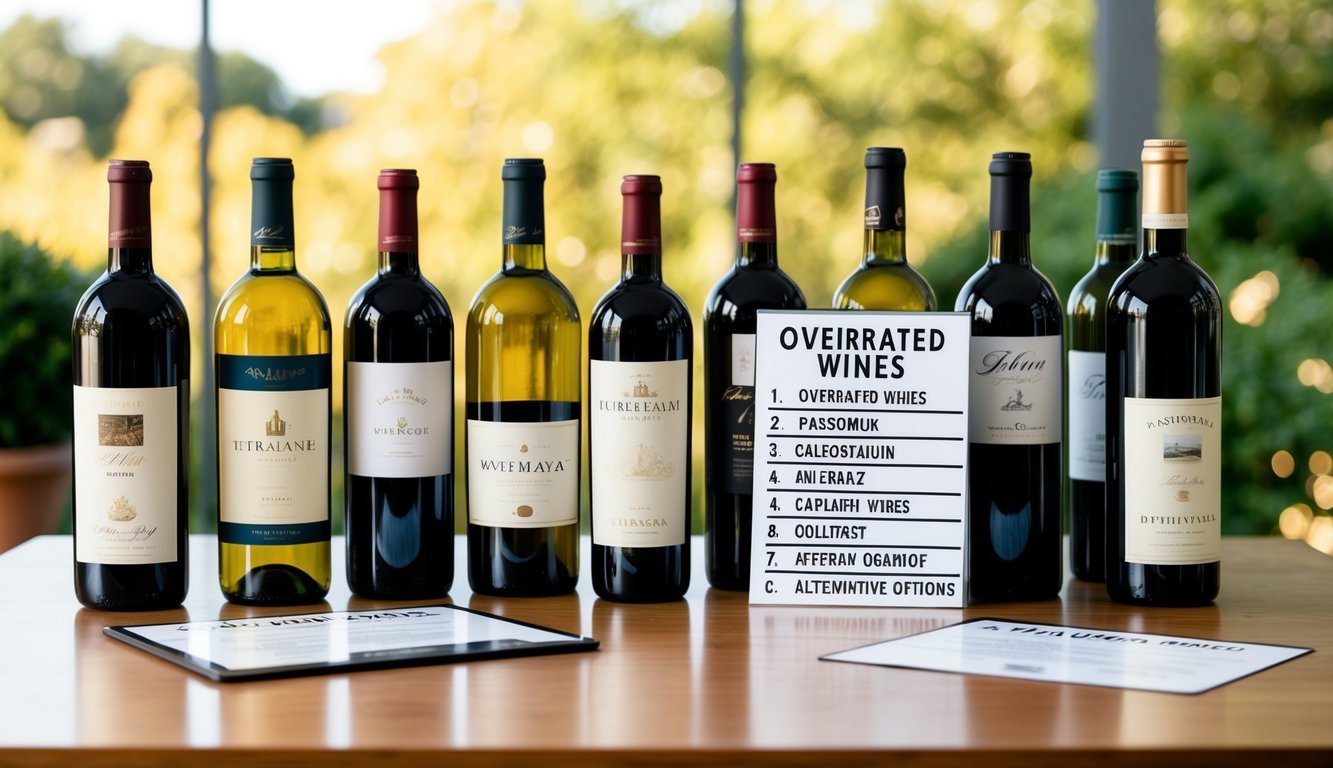 A table set with various wine bottles, a list of overrated wines, and alternative options