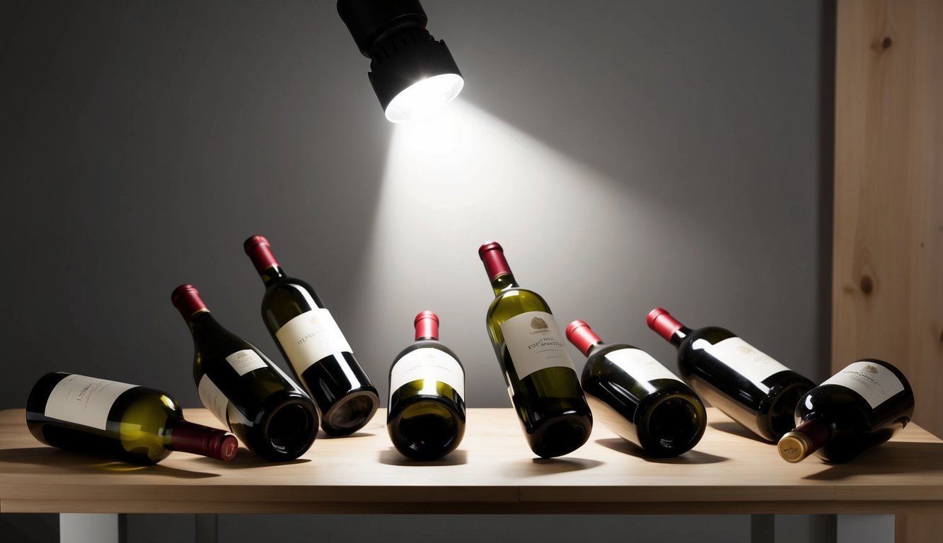 A table with 10 wine bottles, some overturned, others with disappointed facial expressions.</p><p>A spotlight shines on a single bottle with a halo of light