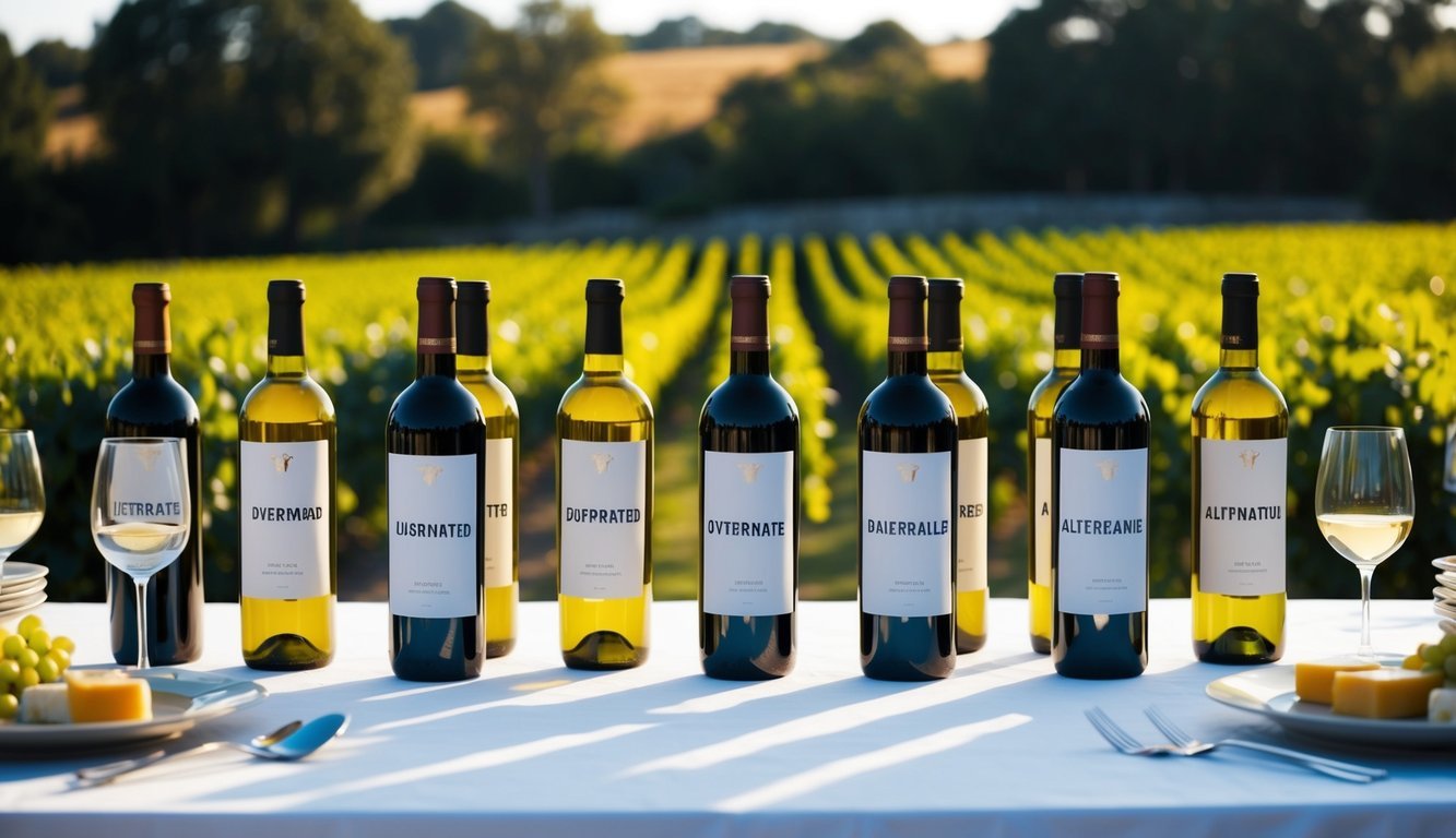 A table with 10 wine bottles, some labeled "overrated" and others "alternative," surrounded by wine glasses and a lush vineyard backdrop