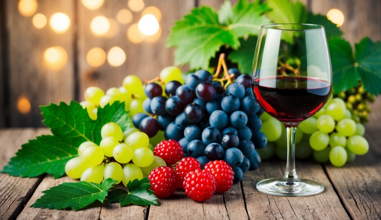 A glass of red and white wine surrounded by grapes, berries, and green leaves on a rustic wooden table