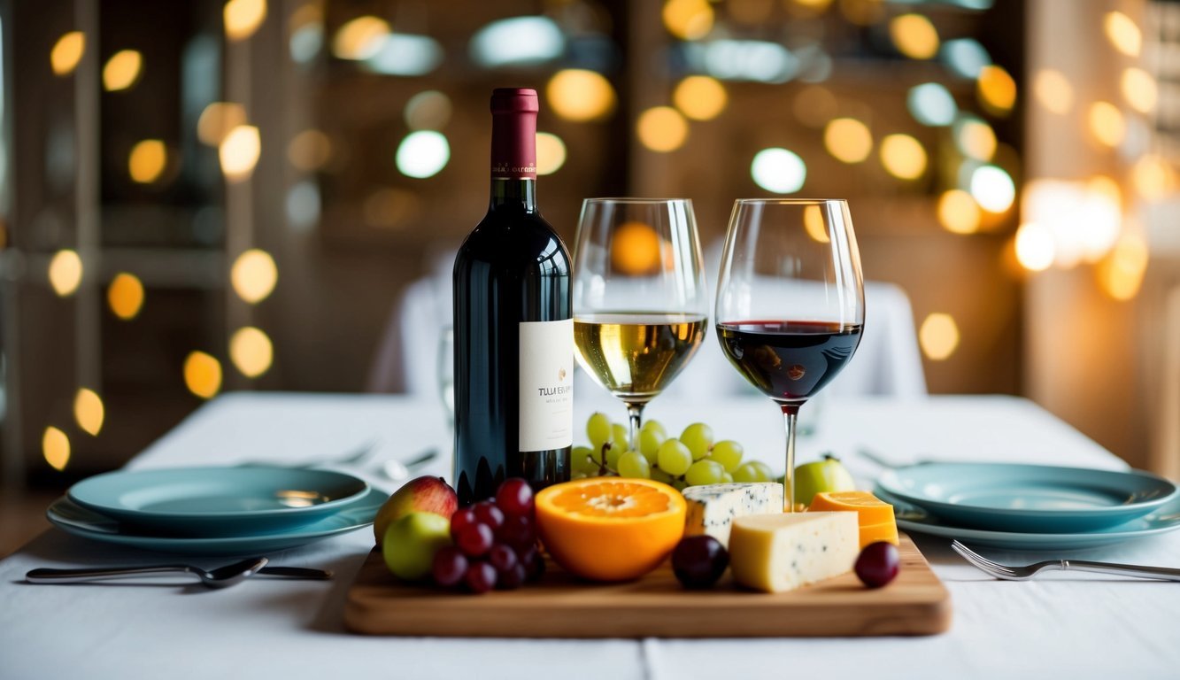 A table set with a glass of white wine and a bottle of red wine, surrounded by various fruits and cheeses