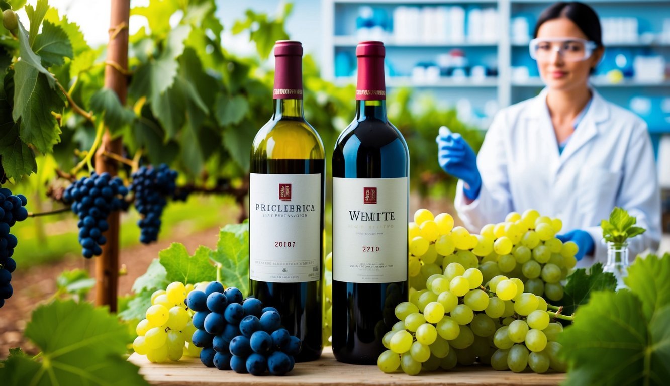 A bottle of red wine and a bottle of white wine surrounded by grapes, a vineyard, and a scientific research lab