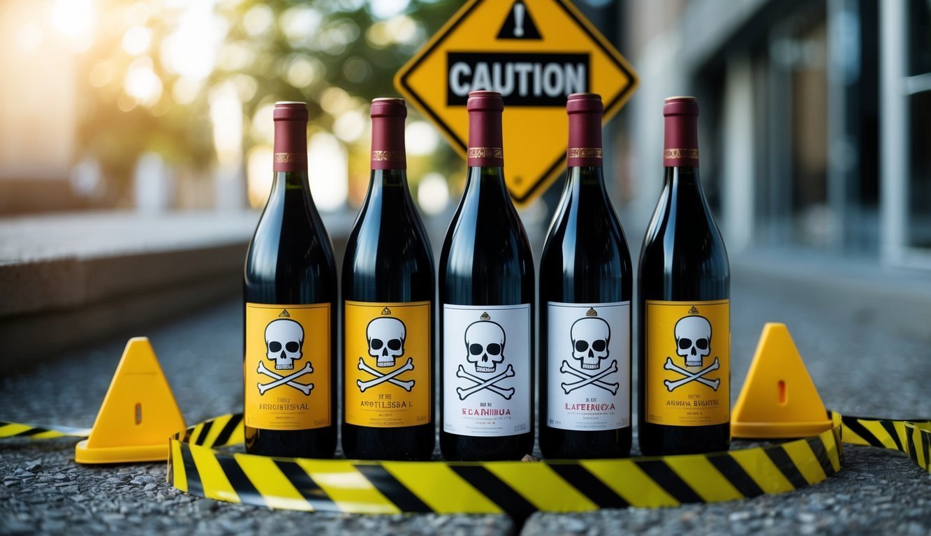 Five wine bottles with skull and crossbones labels, caution tape
