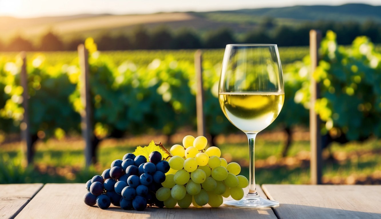 A glass of white wine surrounded by fresh grapes and a vineyard landscape in the background