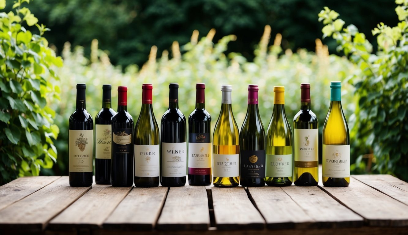 Ten wine bottles lined up on a rustic wooden table outdoors