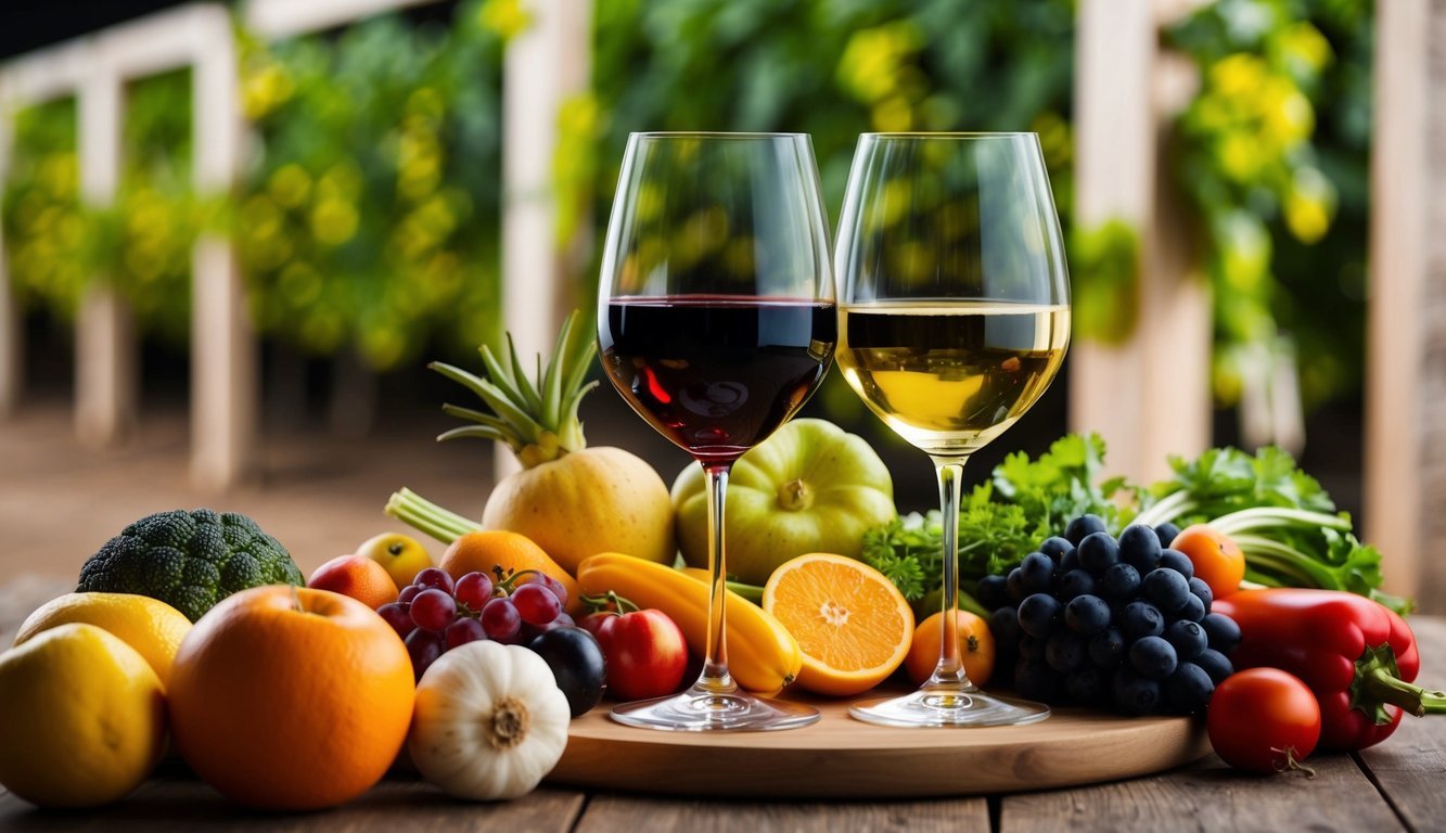 A glass of red wine and a glass of white wine surrounded by various fruits and vegetables, with a backdrop of a vineyard or wine cellar