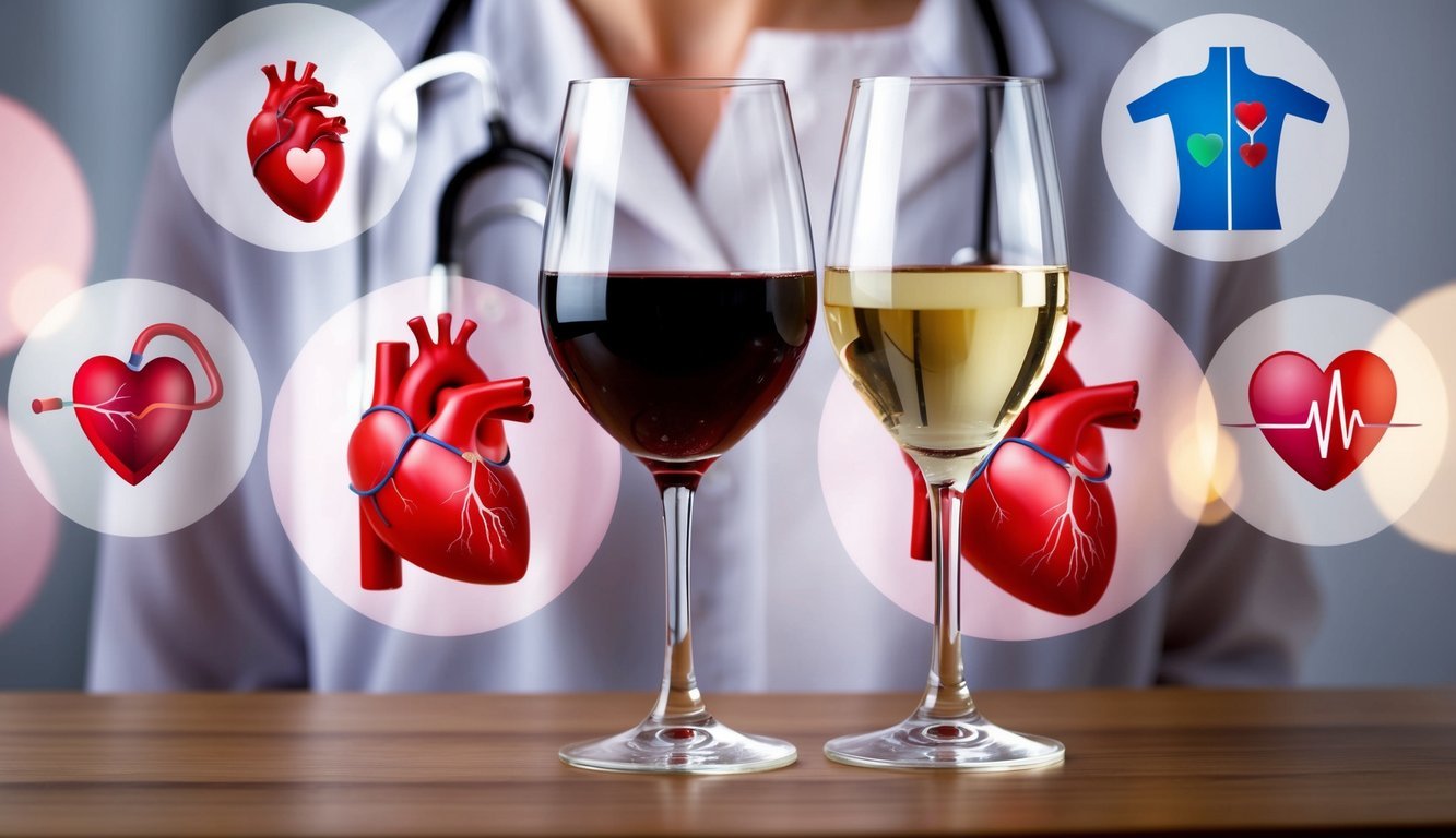 A glass of red wine and a glass of white wine surrounded by images of a healthy heart, blood vessels, and other cardiovascular symbols