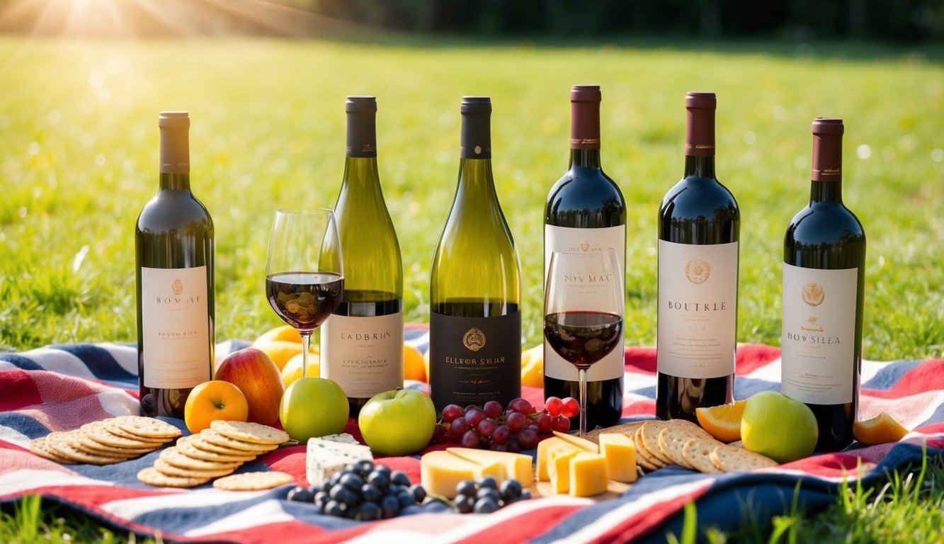 Wine bottles, glasses, cheese, fruit, and crackers on a picnic blanket