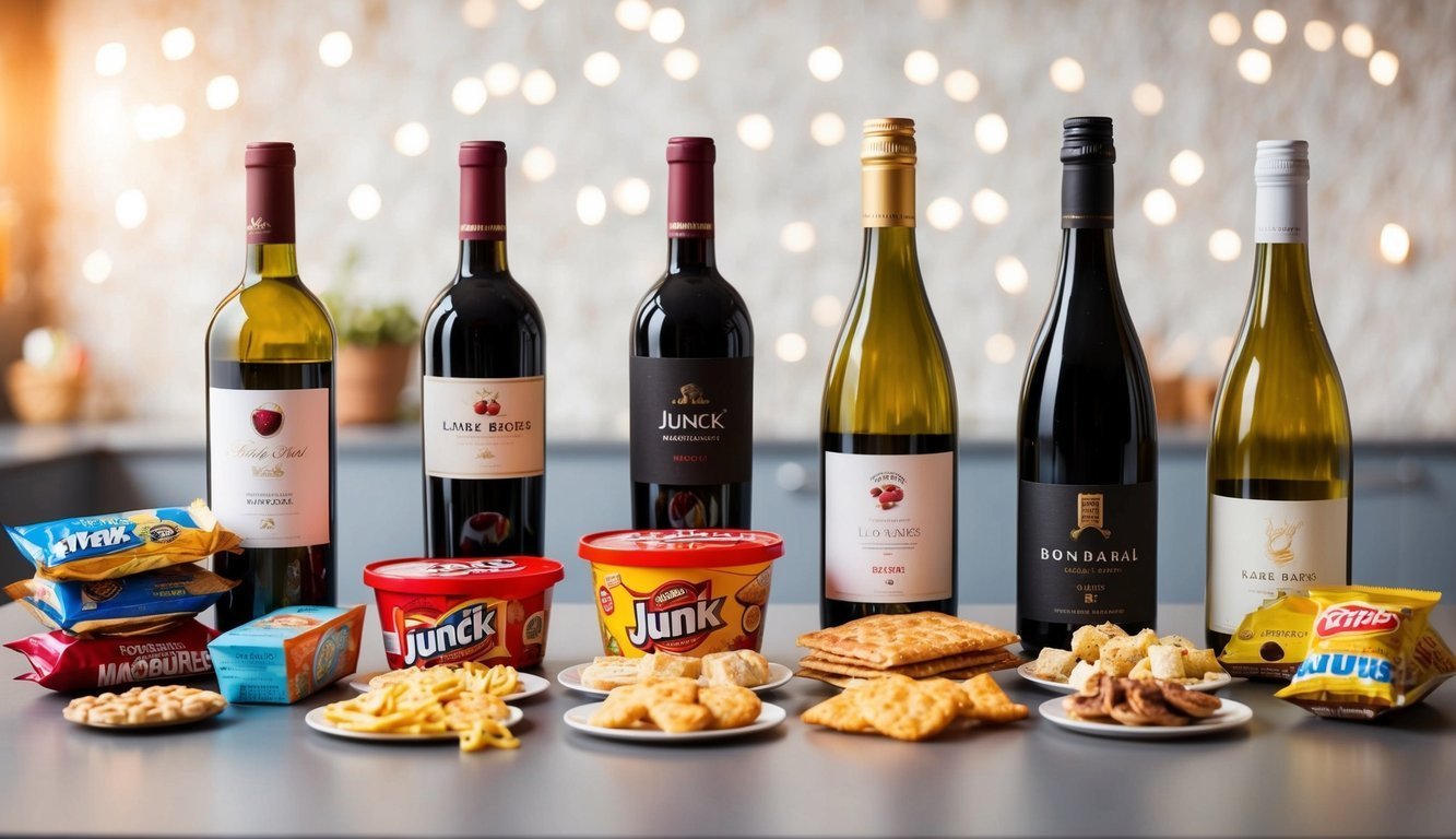 Bottles of wine and snacks arranged on a table, bokeh background