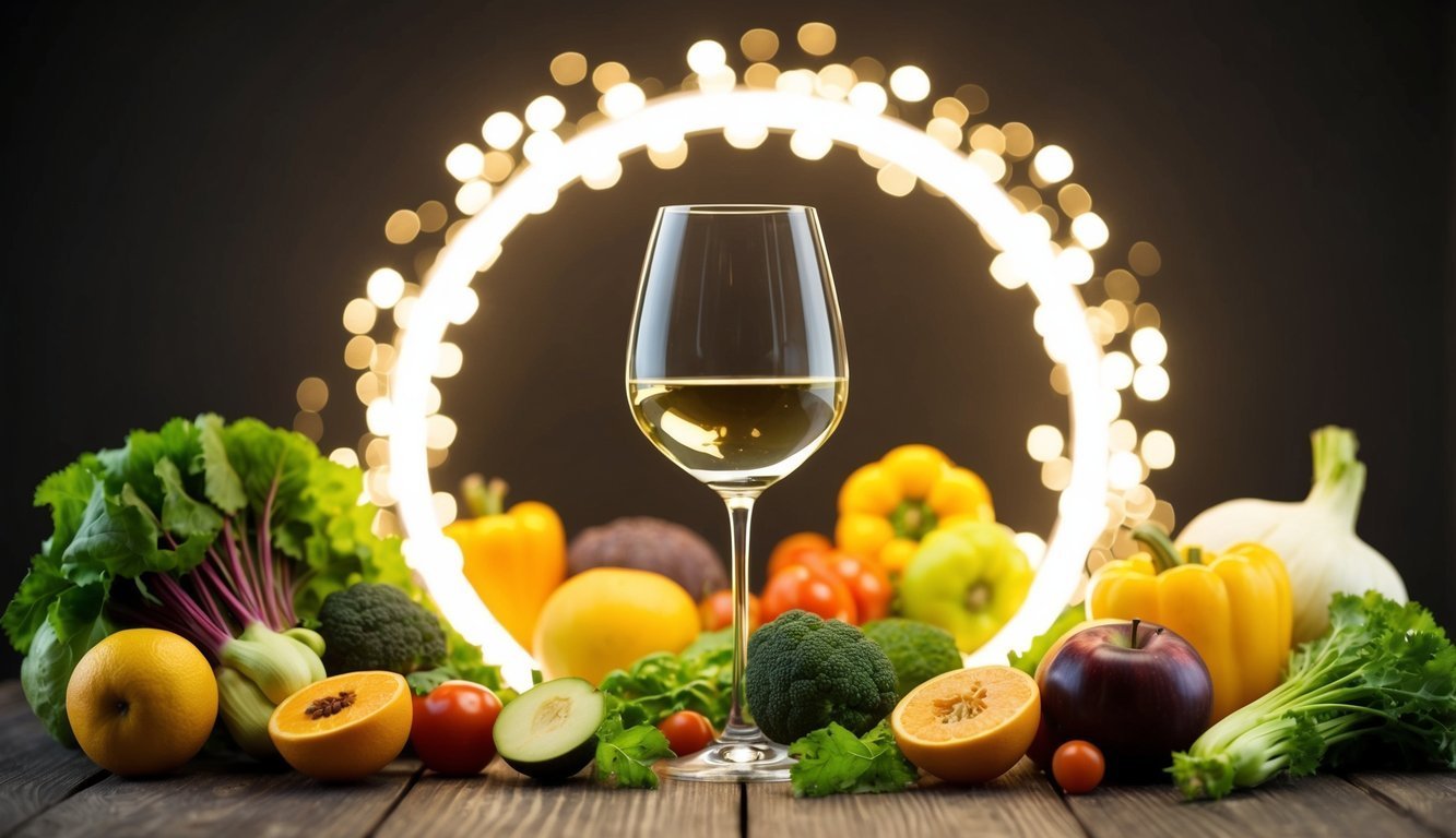 Glass of white wine surrounded by fresh vegetables and a glowing light
