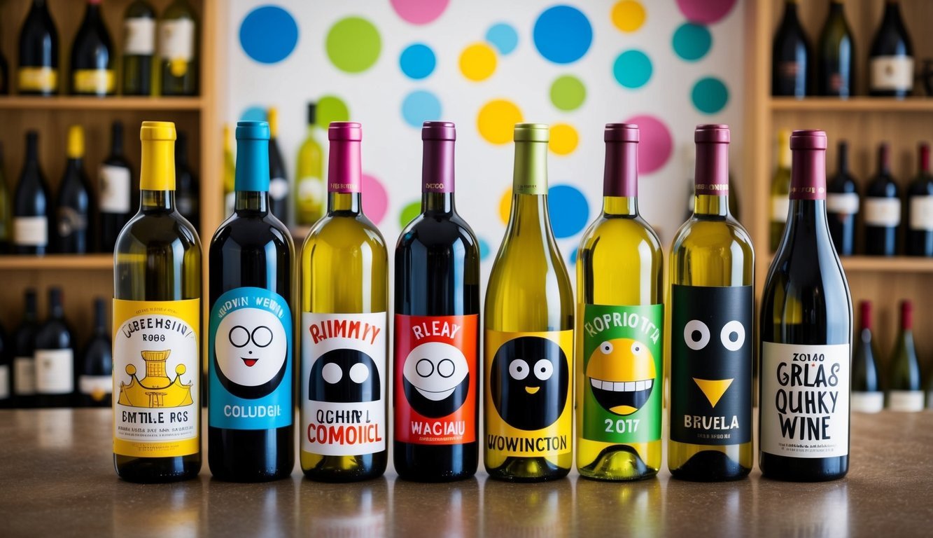 A collection of colorful and comical wine bottles with quirky and humorous labels, arranged in a playful and whimsical display