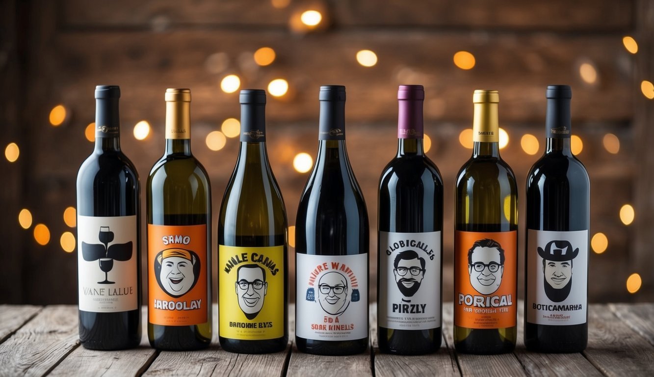 A group of nine wine bottles with comical labels arranged on a rustic wooden table