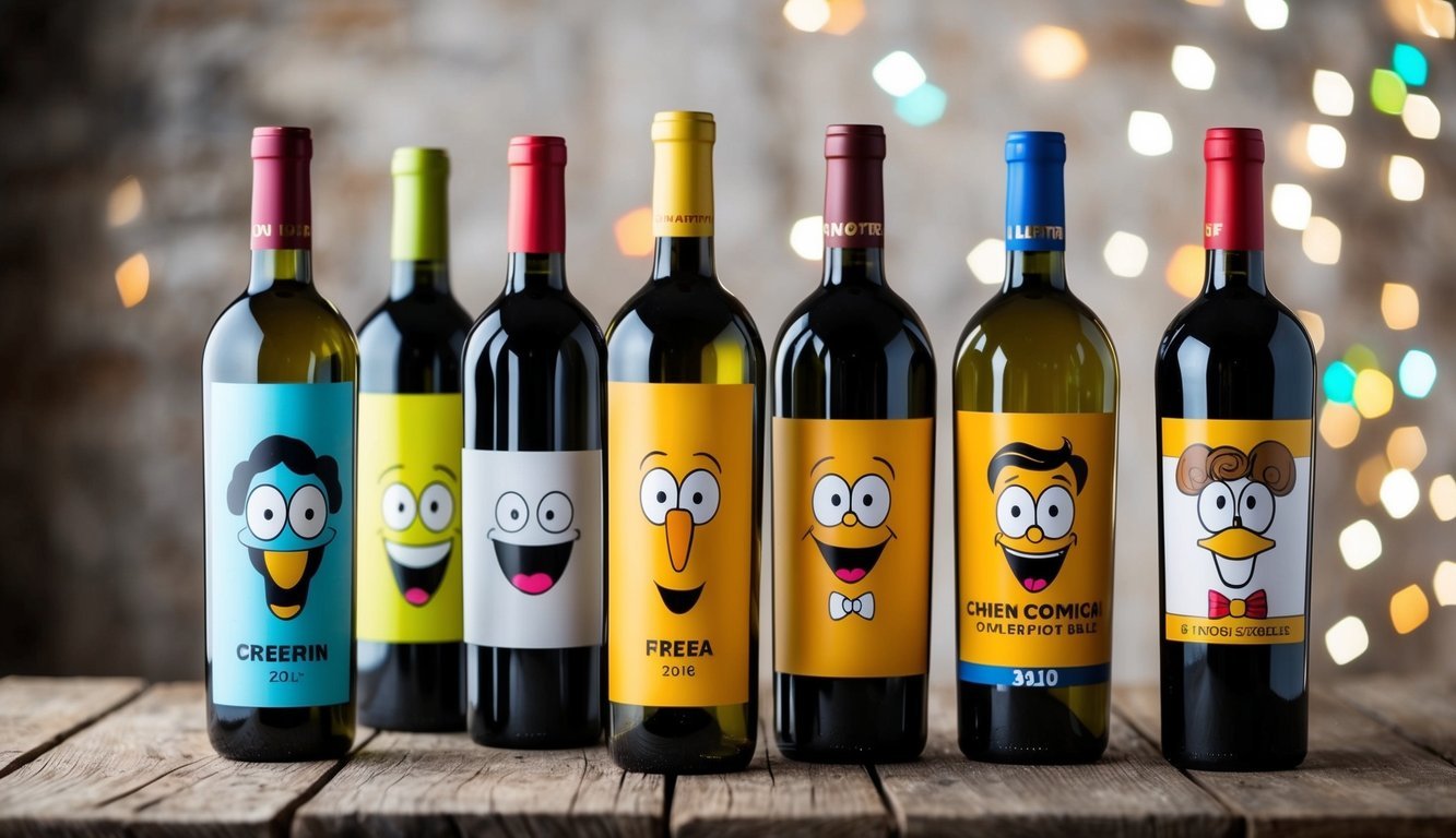 A collection of comical wine bottles with colorful and humorous labels arranged on a rustic wooden table