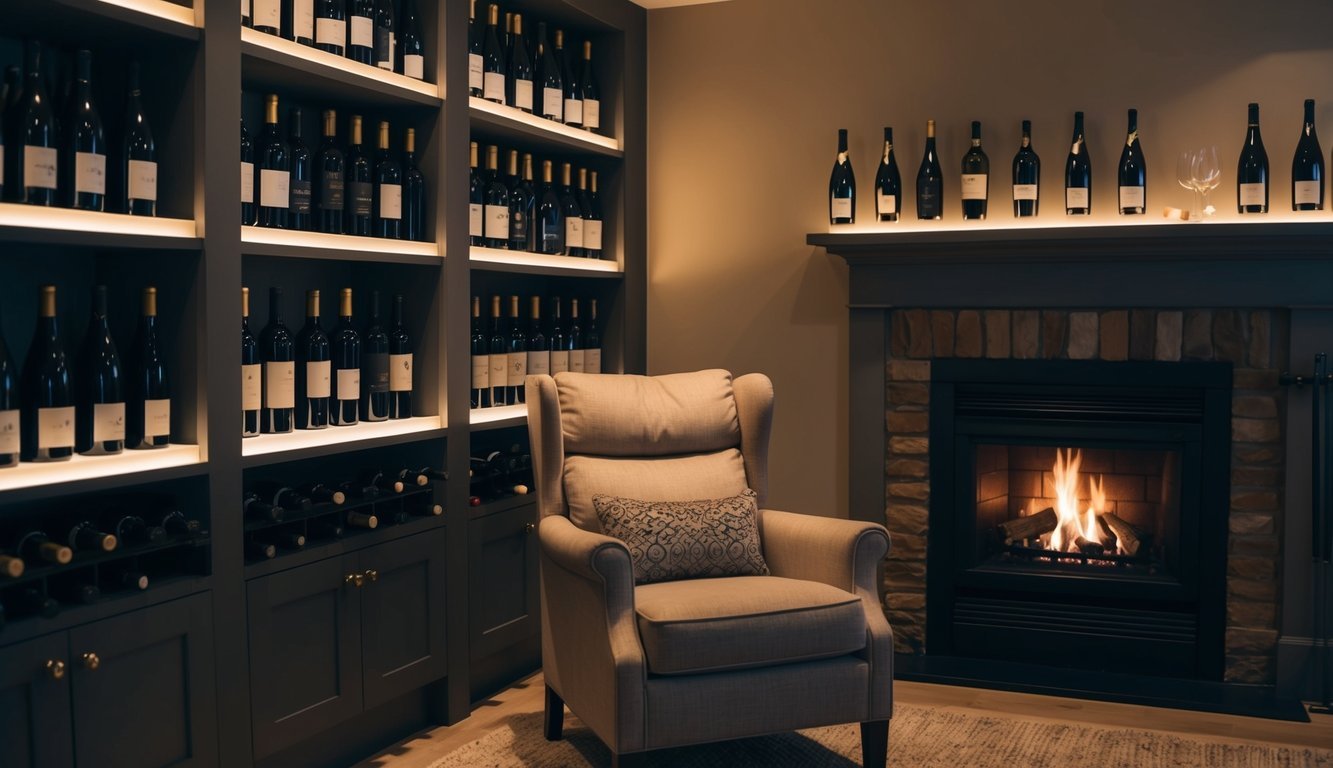 A cozy, dimly lit room with shelves of wine bottles, a crackling fireplace, and a comfortable chair for sipping and reflecting