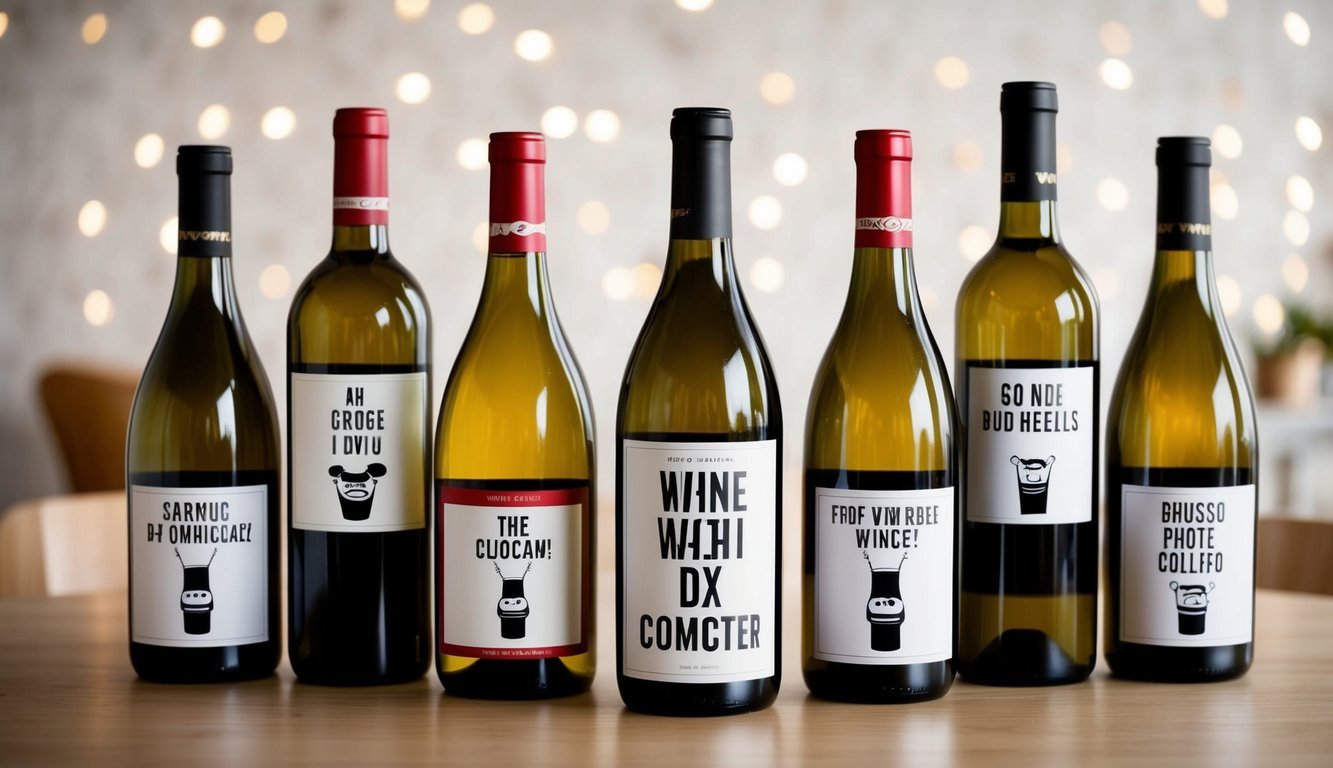 A group of wine bottles with comical labels, arranged on a table