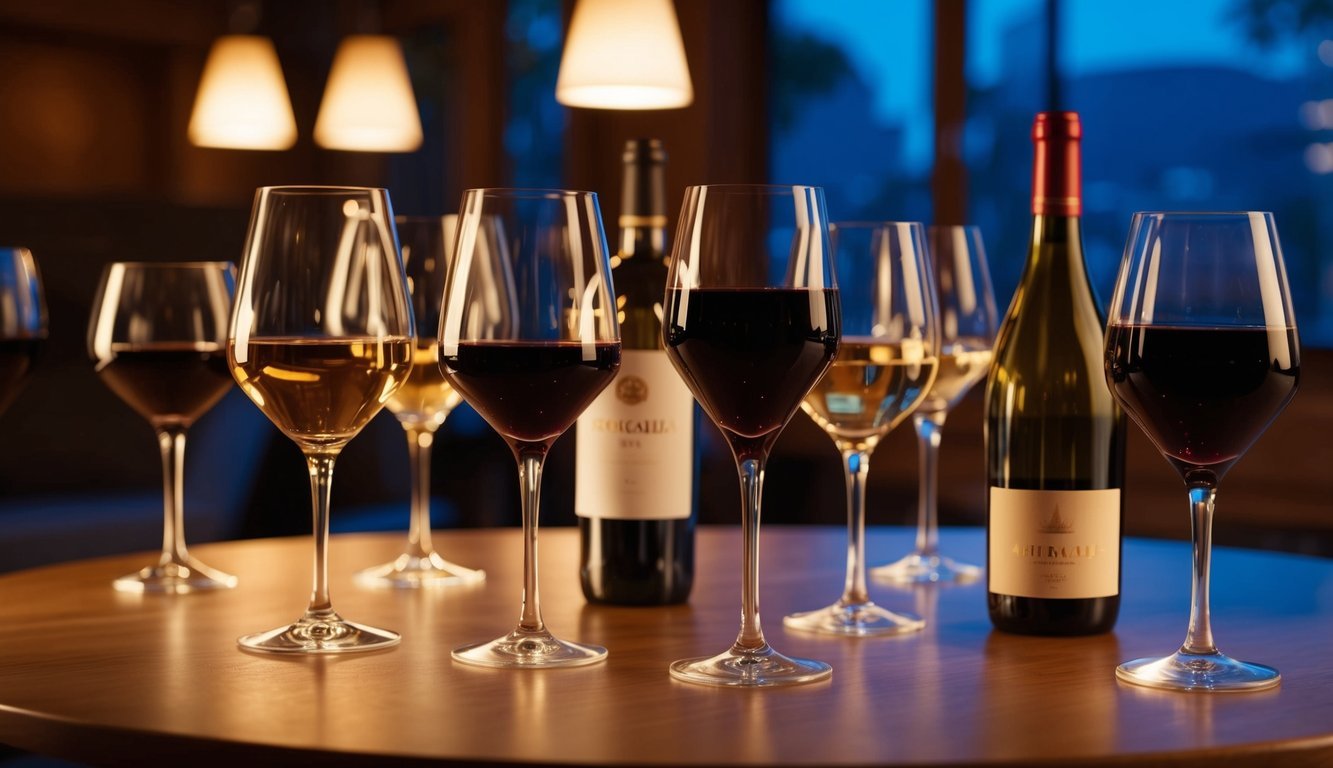 A table with 8 wine glasses of various shapes and sizes, each filled with a different type of wine.</p><p>A warm, cozy atmosphere with dim lighting and a relaxed vibe