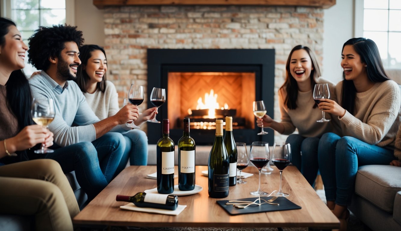 A cozy living room with a crackling fireplace, a coffee table scattered with wine bottles and glasses, and friends laughing joyfully