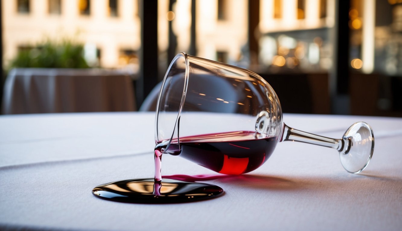 A wine glass tipped over, spilling red wine onto a white tablecloth