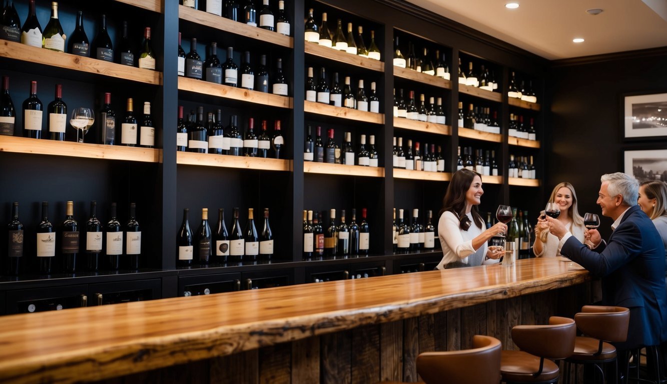 A cozy, dimly lit wine bar with shelves of wine bottles, a rustic wooden bar, and a few patrons enjoying glasses of merlot