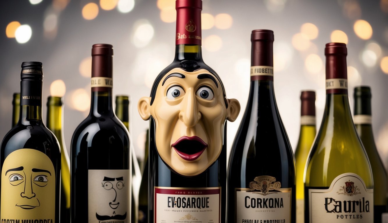 A wine bottle with a comically exaggerated, anthropomorphic face, surrounded by other personified wine bottles with humorous labels