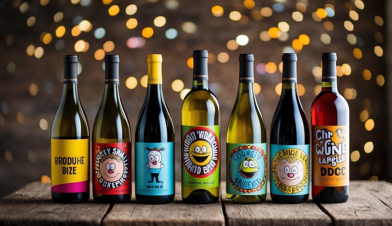 A collection of comically labeled wine bottles arranged on a rustic wooden table, with colorful and whimsical designs