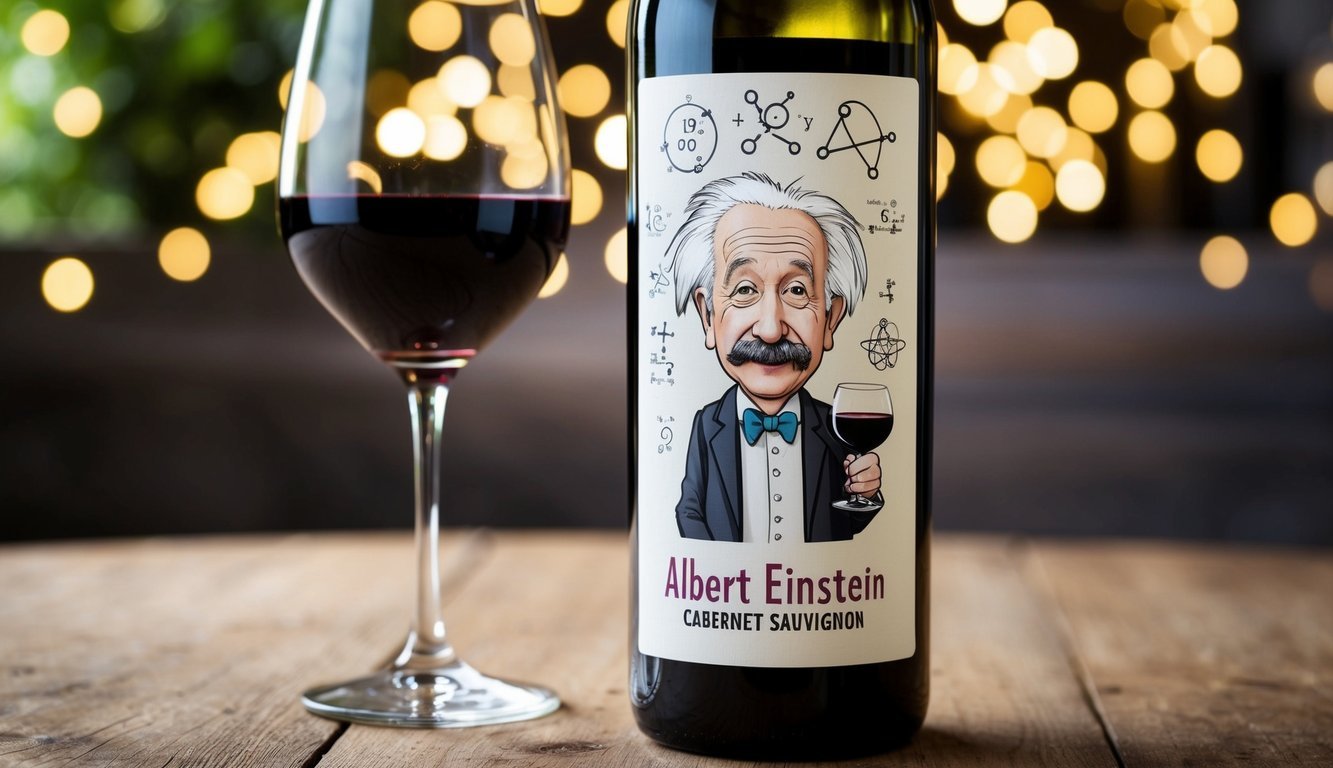 A comical wine label featuring a caricature of Albert Einstein holding a glass of Cabernet Sauvignon, surrounded by whimsical scientific symbols and equations